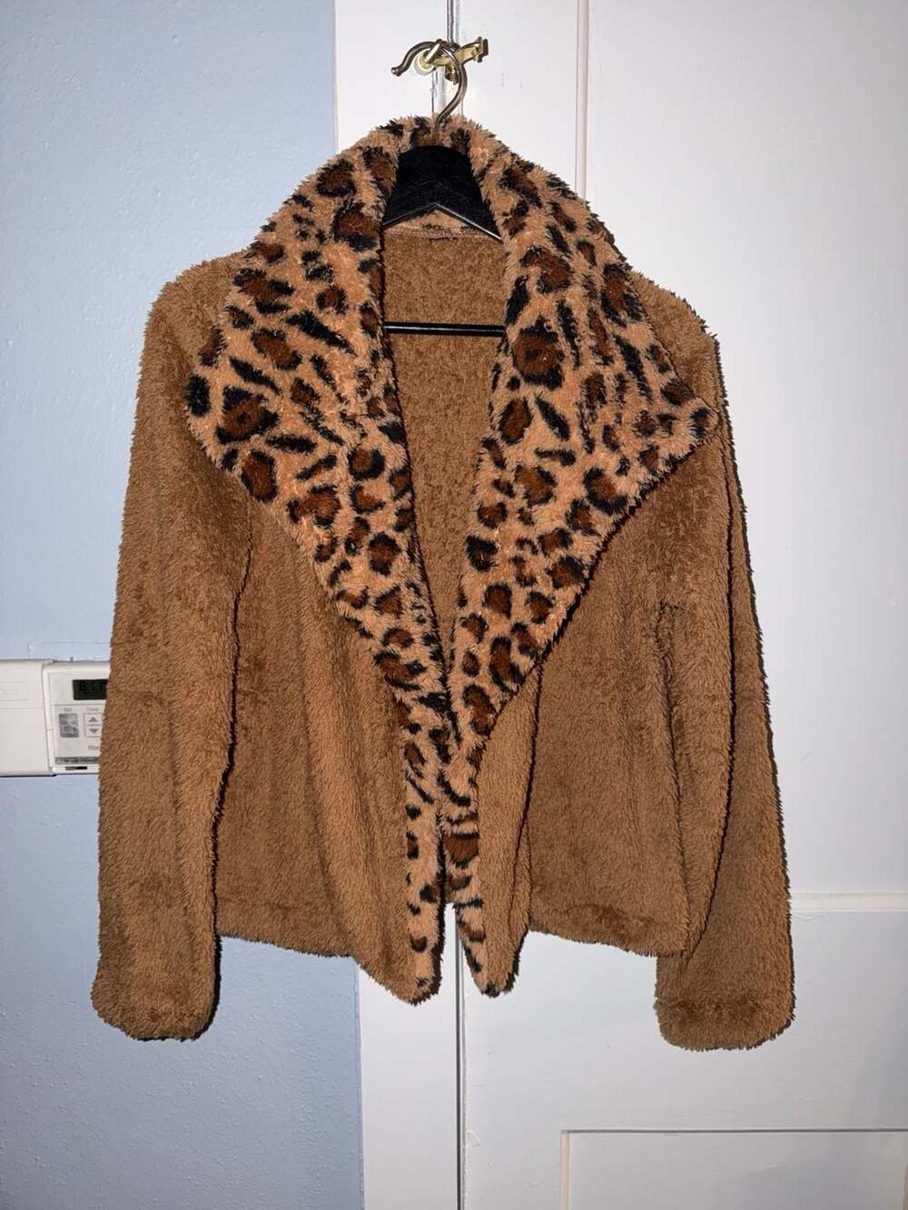 Brown Faux Fur Leopard Print Trim Open Front Sherpa Jacket